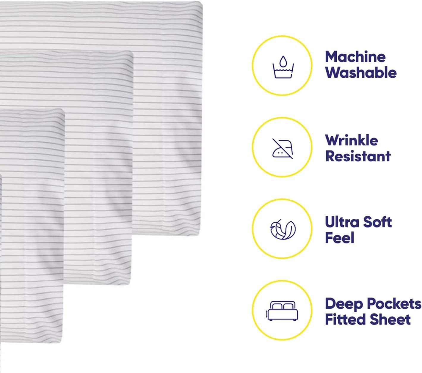 California King Pinstripe White Microfiber Deep Pocket Sheet Set