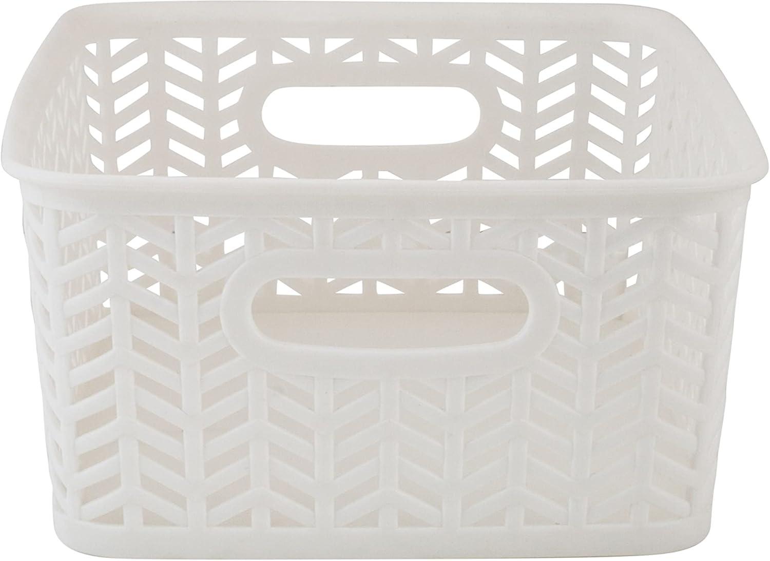 Simplify 3 Pack Small Herringbone Plastic Storage Basket with Handles in White