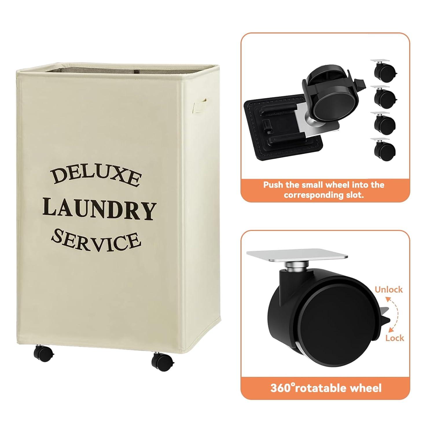 WOWLIVE 90L Foldable Rectangular Deluxe Laundry Service Rolling Clothing Hamper Basket with Lockable Wheels for Laundry or Storage, Beige
