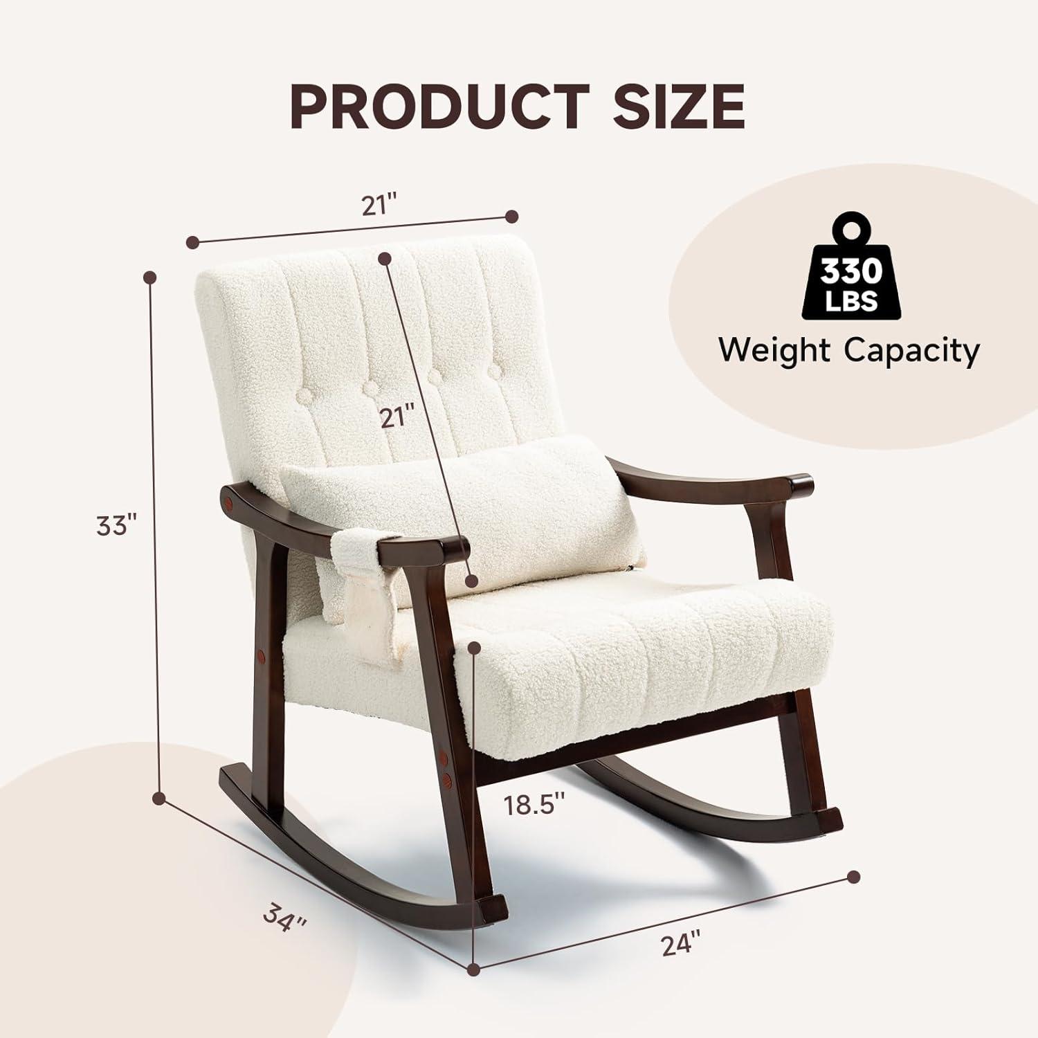 AVAWING Upholstered Rocking Chair, Small Boucle Glider Rocker with 2-Point Massage Lumbar Pillow and Solid Wood Legs, for Bedroom and Living Room, White