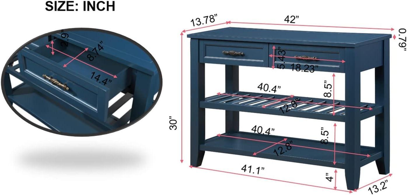 Console Table with 2 Drawers,42" Solid Wood Entryway Table with Storage Shelves, Sofa Table for Living Room,Navy Blue