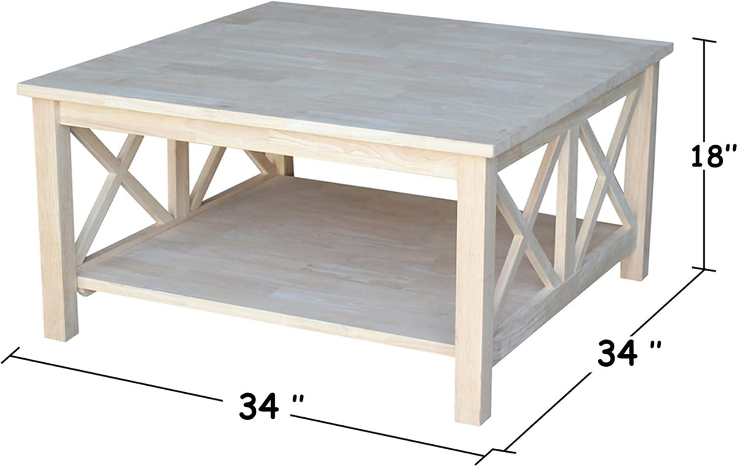 Hampton Square Coffee Table - Unfinished - International Concepts: Hardwood, 34" Wide, Fixed Shelf