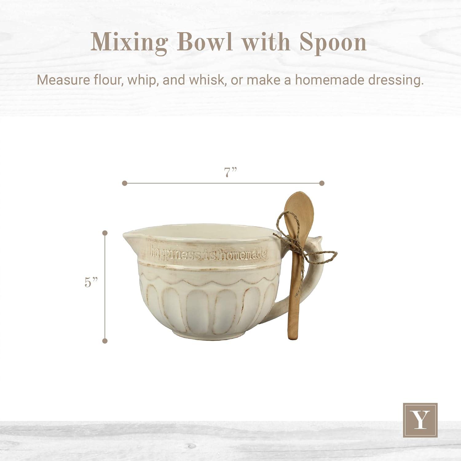 Cream Ceramic Mixing Bowl with Wooden Spoon and Handle