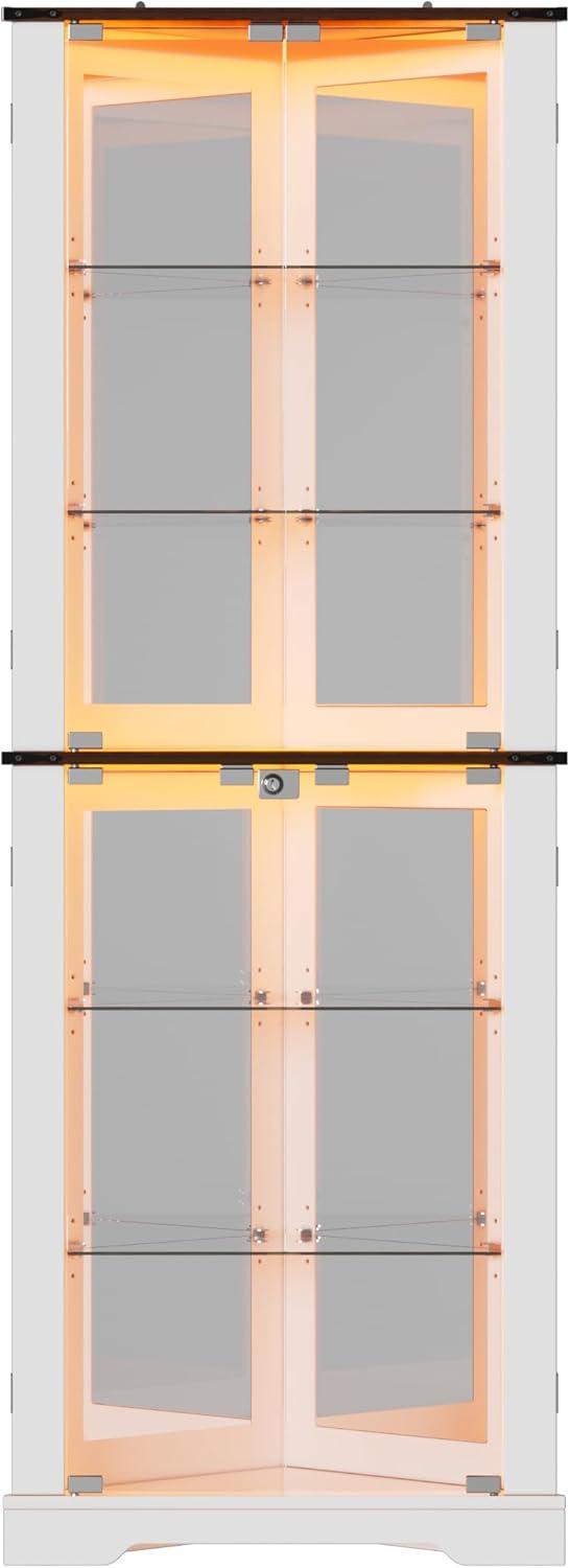 PAKASEPT 71'' Farmhouse Display Curio Cabinet with LED Lights,Tempered Glass Doors,6 Shelves,Corner Wine Cabinet Storage Rack for Bar and Liquor Storage,White (1, Triangular)
