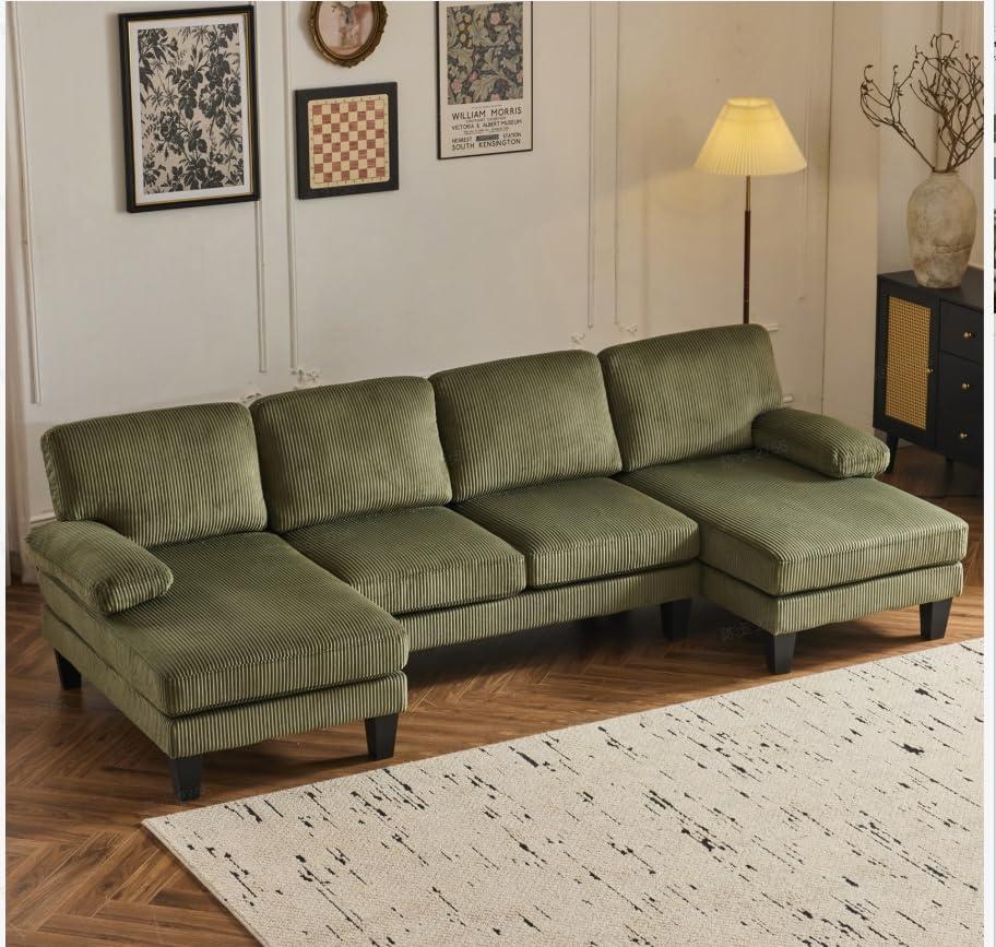 Ktaxon U-Shaped Sectional Sofa, 111"  Corduroy Couch, 4 Seat Lounge Sleeper with Double Chaise for Living Room Green