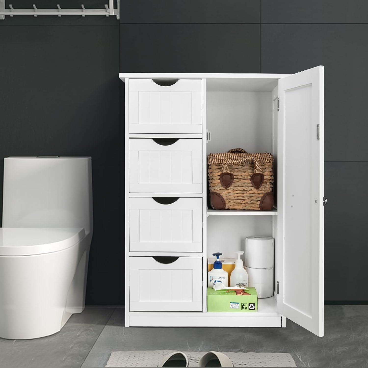 Bonnlo Small Storage Cabinet Wooden Bathroom Floor Cabinet Small Space Furniture White Side Storage Organizer with 4 Drawers and 1 Cupboard Adjustable Shelf 22" W x 11.8" D x 32.3" H