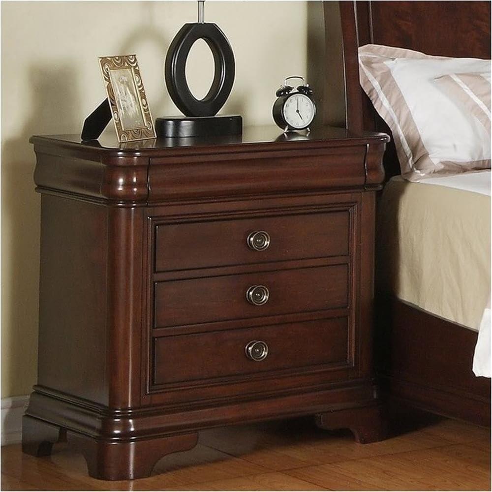 Traditional Cherry 3-Drawer Solid Wood Nightstand with Antique Brass Knobs