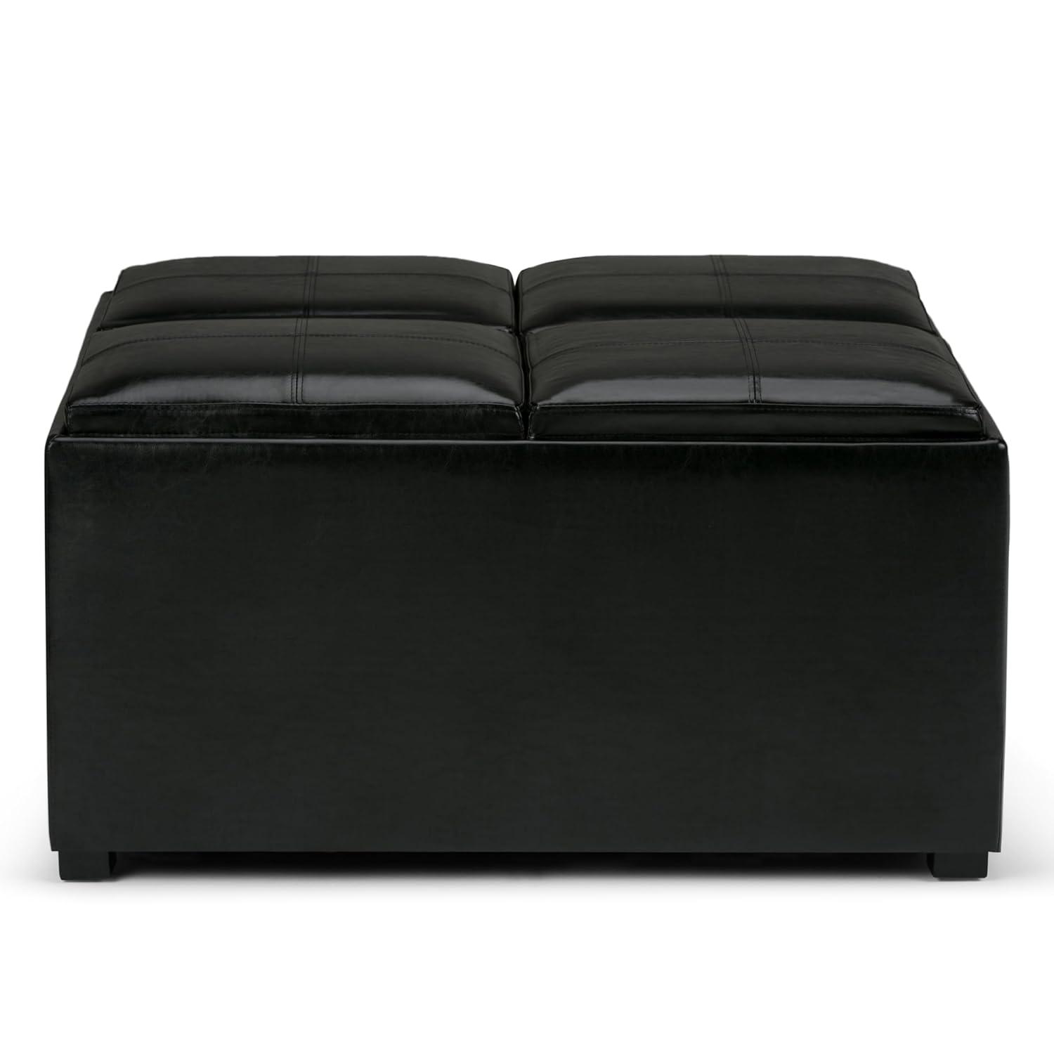 Simpli Home Avalon 35"W Upholstered Square Coffee Table Storage Ottoman with Flip-Over Trays