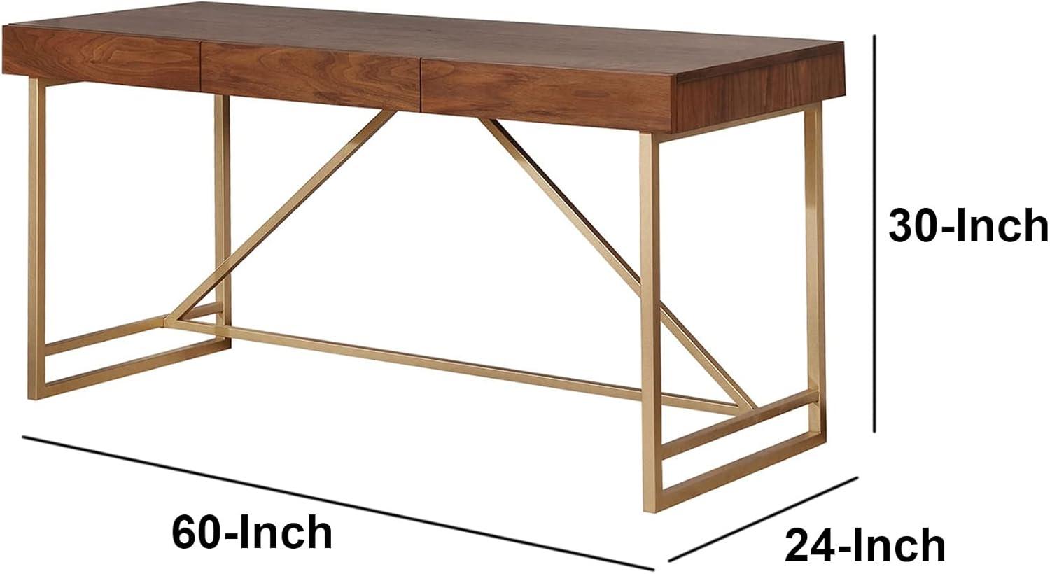 Modern Style Wooden Writing Desk with Unique Metal Legs in Walnut Brown and Gold