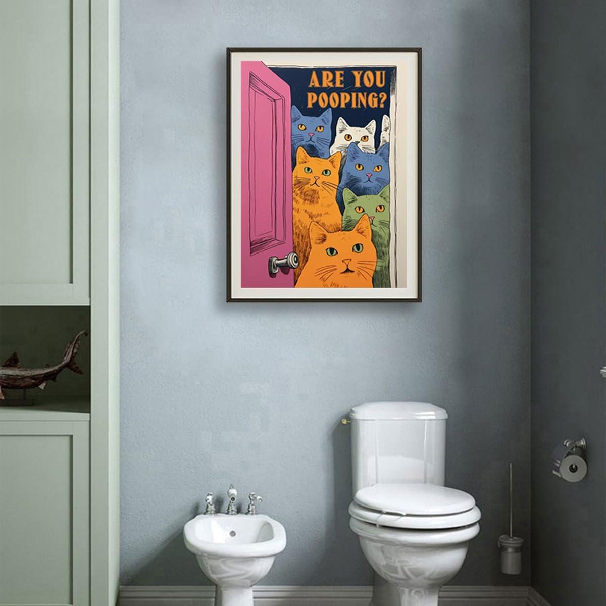Funny Bathroom Cat Print Poster, Funky Are You Pooping Cat Sign Canvas Wall Art, Quirky Cats Witty Humor Pictures Artwork for Toilet Wall Decor 12x16in Unframed