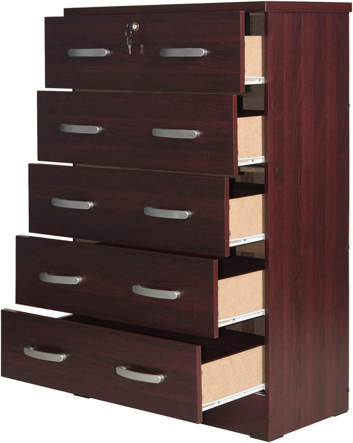 Modern Mahogany 5-Drawer Vertical Nursery Dresser with Lock