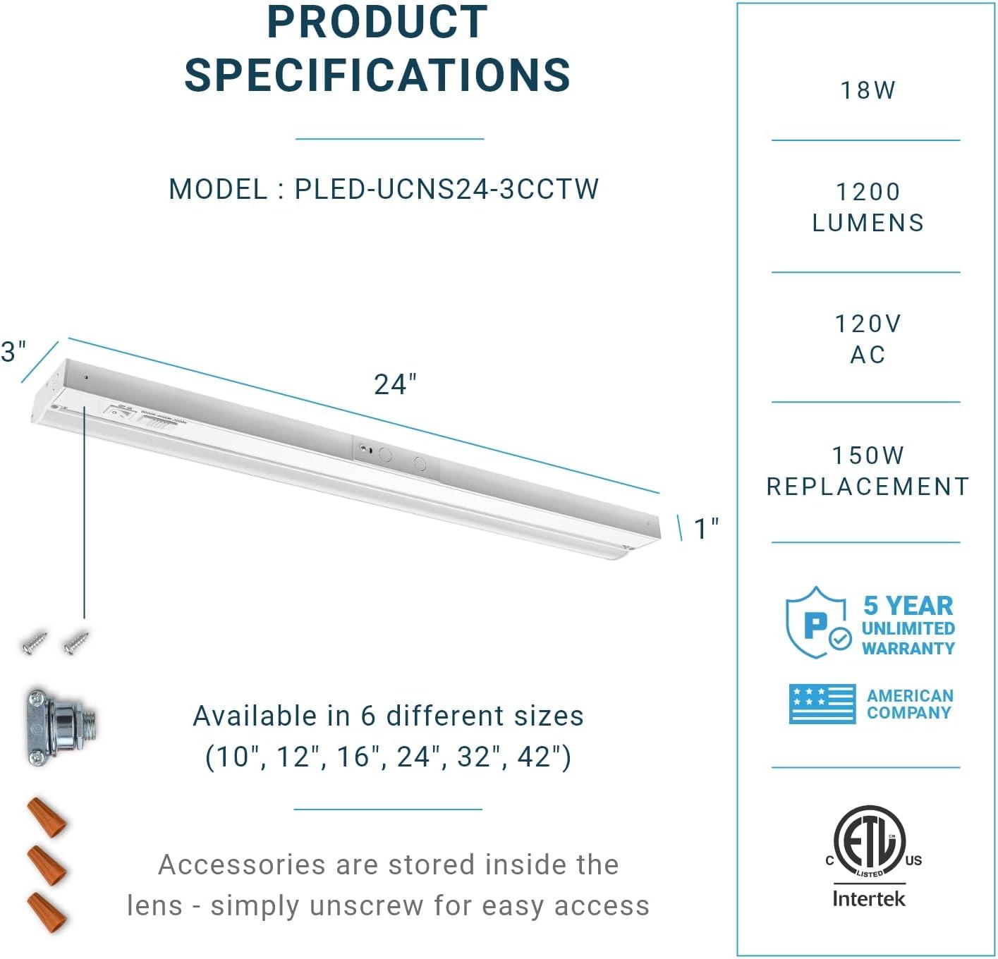 Parmida LED 3CCT Hardwired Under Cabinet Light, Dimmable, Linkable, 24 inch, 18W, 1200lm