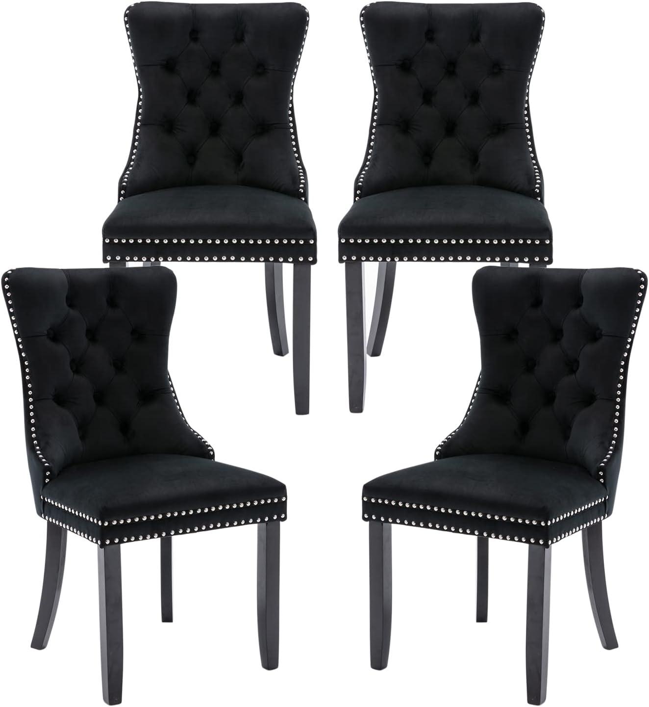 ODUSE-DAILY Black Velvet Dining Chairs Set of 4, Kitchen & Dining Room Chairs, Sillas De Comedor, Nailheads Tufted, Velvet Upholstered, Solid Wood (Black, 4 Pcs)