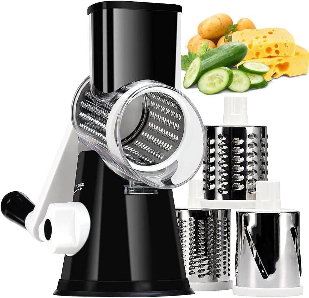 KEOUKE Rotary Cheese Grater with Handle - 3 Changeable Blades for Cheese, Vegetables, Nuts - Black