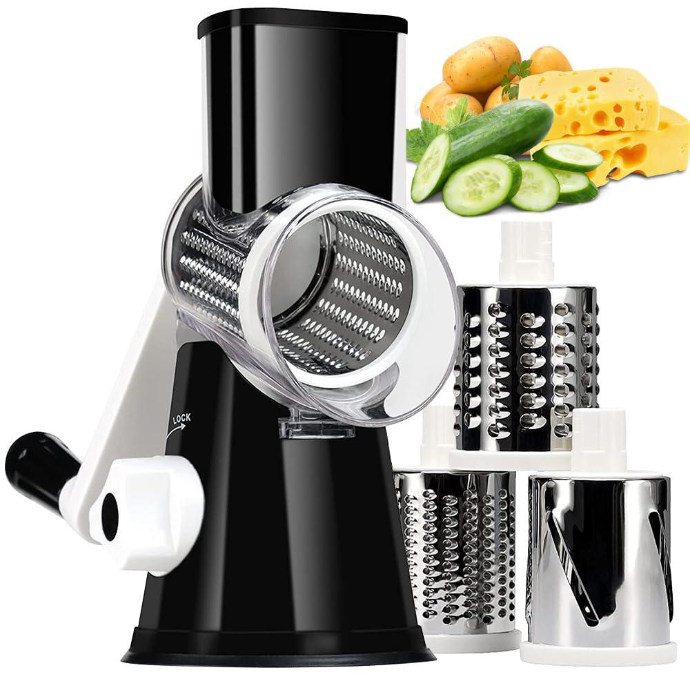 KEOUKE Rotary Cheese Grater with Handle - 3 Changeable Blades for Cheese, Vegetables, Nuts - Black