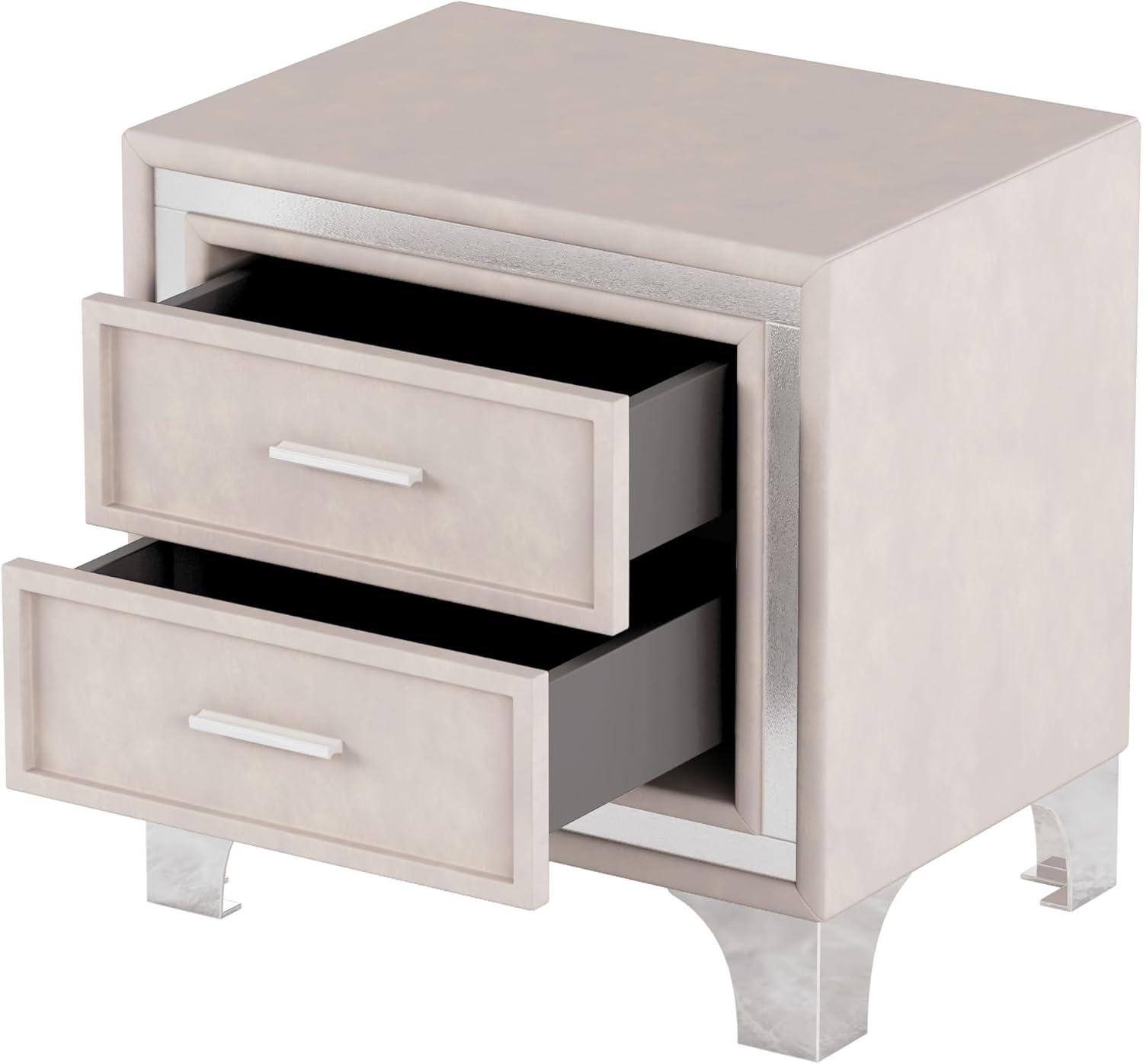 SOFTSEA Velvet Nightstand with 2 Drawers, Modern Upholstered Nightstand with Storage, Bedside Table End Table with Silver Glitter Strip & Metal Legs for Bedroom, Living Room, Easy Assembly, Beige