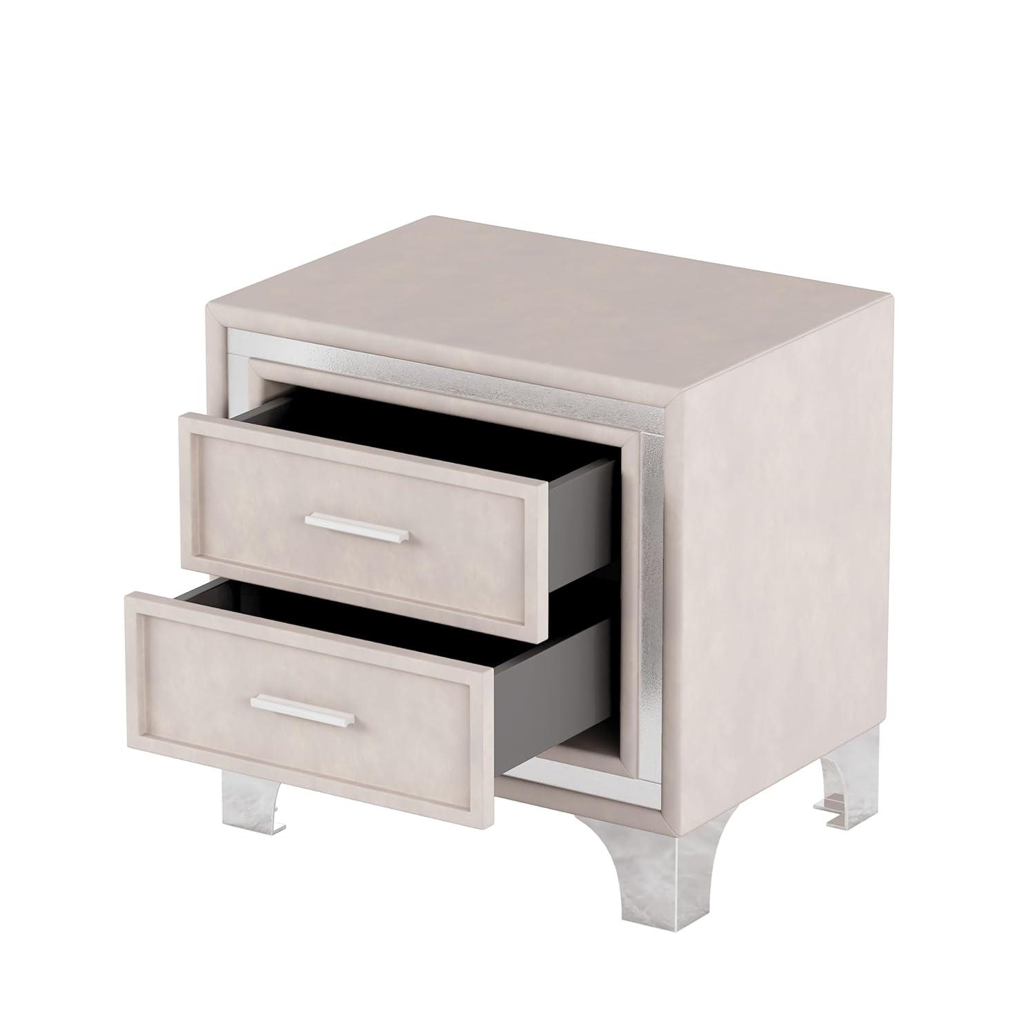 SOFTSEA Velvet Nightstand with 2 Drawers, Modern Upholstered Nightstand with Storage, Bedside Table End Table with Silver Glitter Strip & Metal Legs for Bedroom, Living Room, Easy Assembly, Beige