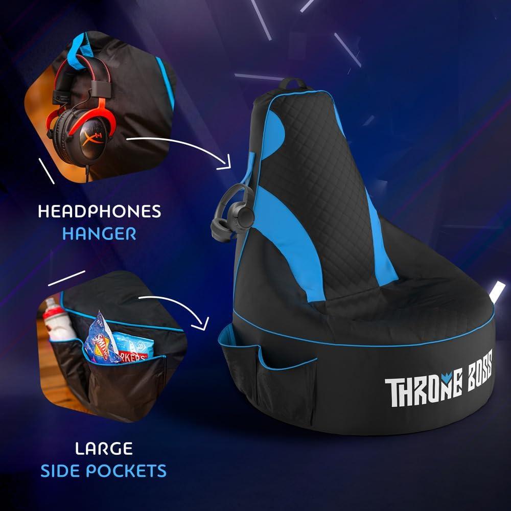 Gaming Bean Bag Chair for Adults and Teens [Cover ONLY No Filling] - High Back Beanbag or Dorm Chair with Cup Holder for Gamers (Black/Blue)