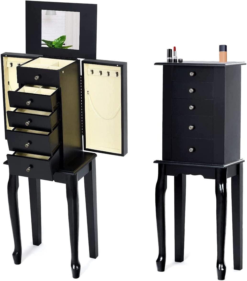 Giantex Jewelry Cabinet Armoire with Top Mirror, 5 Drawers, 2 Swing Doors, Wooden Jewelry Treasure Storage Chest with Large Storage, Standing Jewelry Organizer (Black)