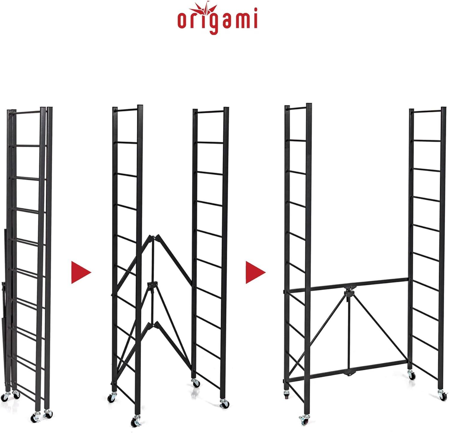 Origami R2 Series Folding Portable Heavy Duty Durable Powder Coated Steel Storage Rack with 10 Adjustable Shelves and Wheels, Black