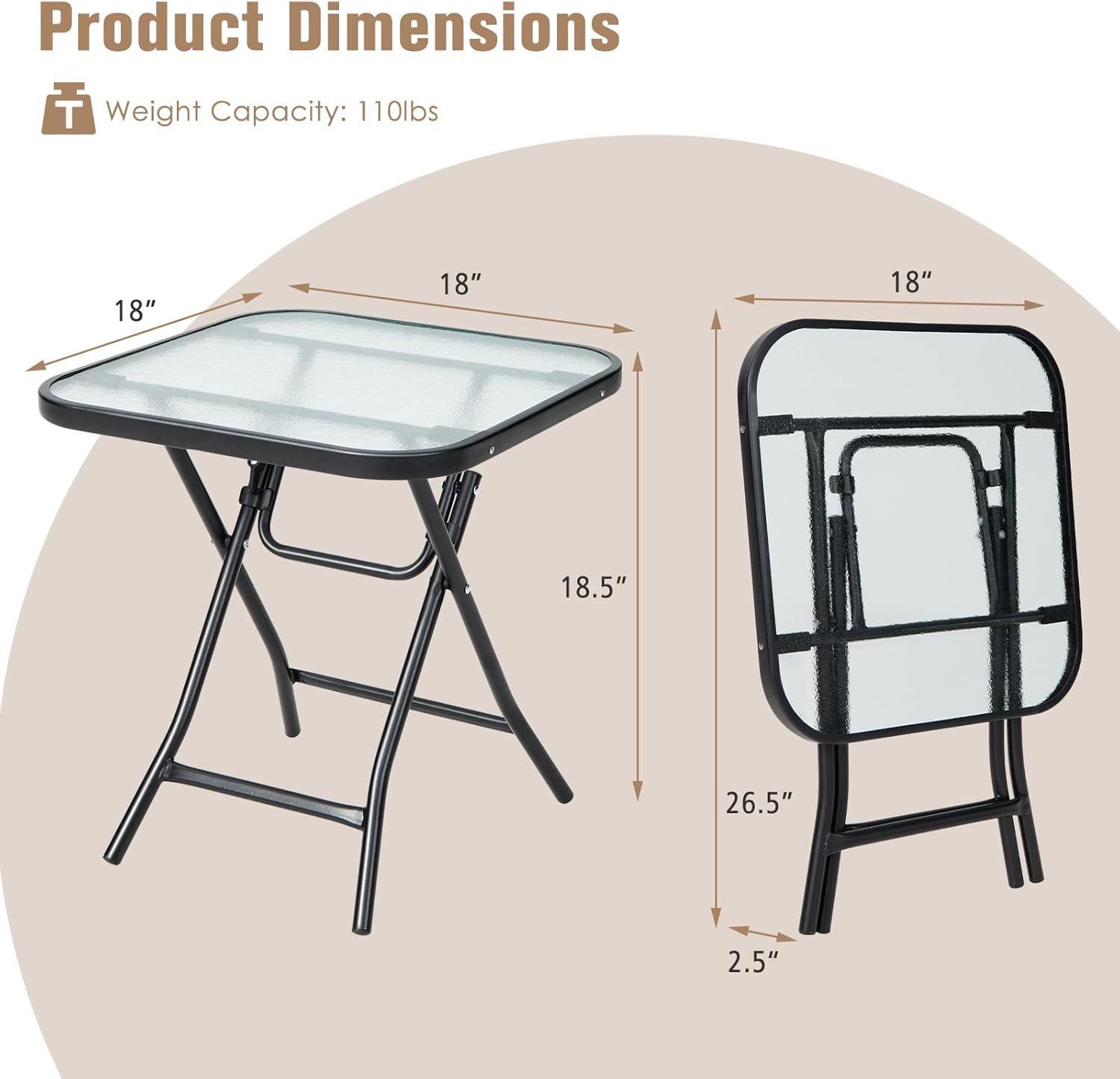 Costway Patio Folding Square Glass Side Table Bistro Coffee Table Plant Stand