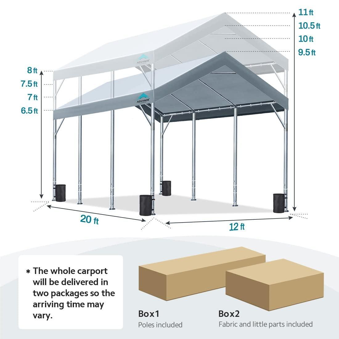 ADVANCE OUTDOOR 12x20 ft Carport Heavy Duty Car Canopy Event Canopy, 8 Legs with 8 Reinforced Poles and 4 Sandbags, Silver Gray