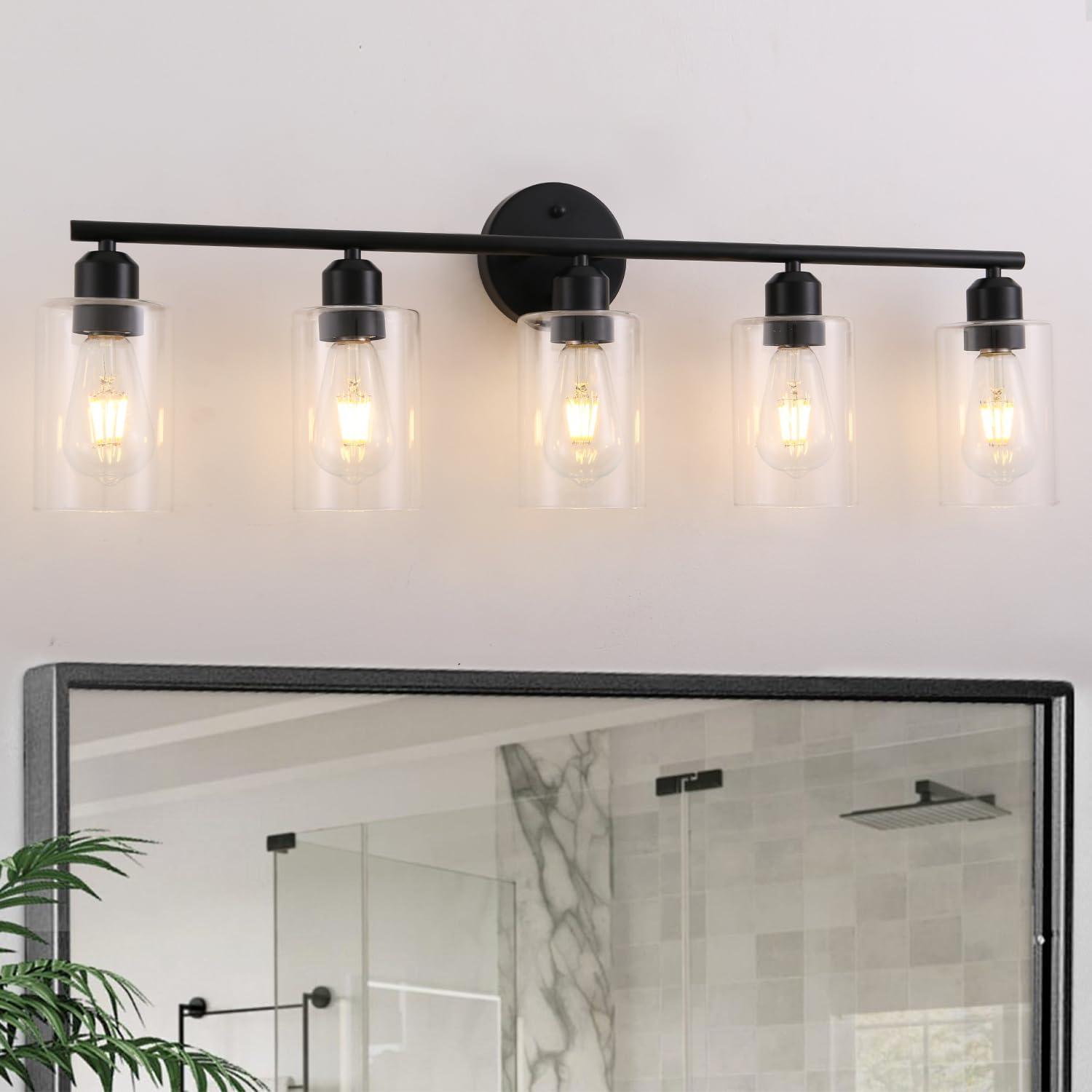 Matte Black 5-Light Bathroom Vanity Fixture with Glass Shades