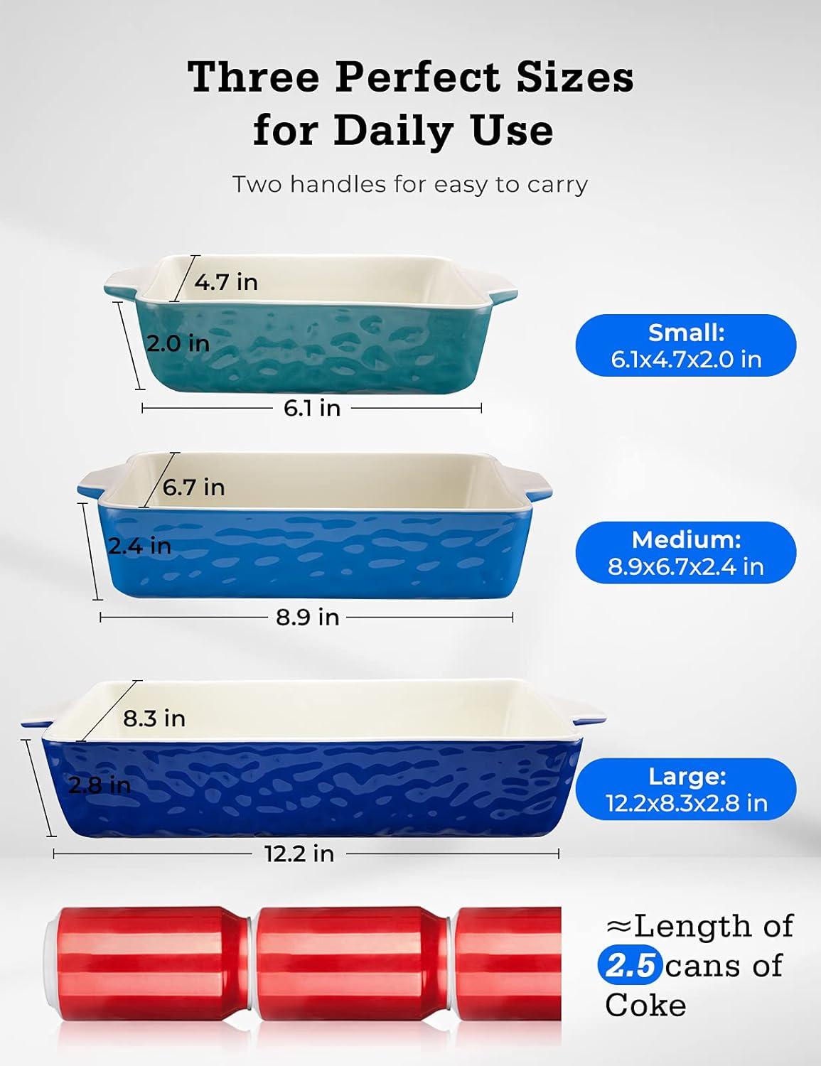 3-Piece Ceramic Casserole Dishes for Oven - Porcelain Bakeware Dishes w/Premium Non-Stick Coating & Built-In Handles - Dishwasher & Microwave Safe - 14.7"/10.8"/7.9" (Aqua)