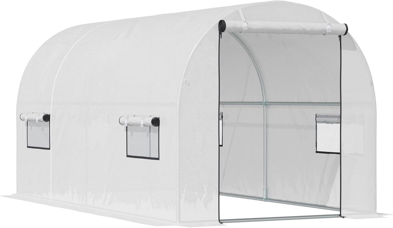 Outsunny 10' x 7' White PE Walk-In Greenhouse with Roll-Up Doors