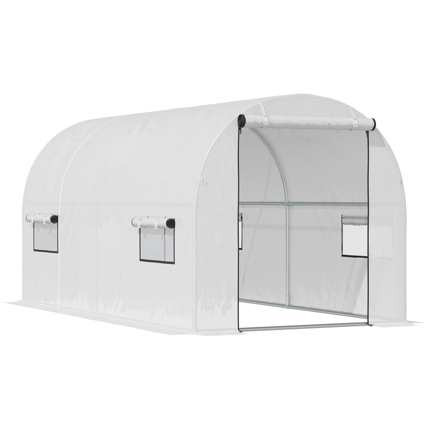 Outsunny 9.6' x 6.5' x 6.2' Walk-In PE Greenhouse with 2 Roll-up Zipper Doors & 6 Roll-up Windows for Plants, White