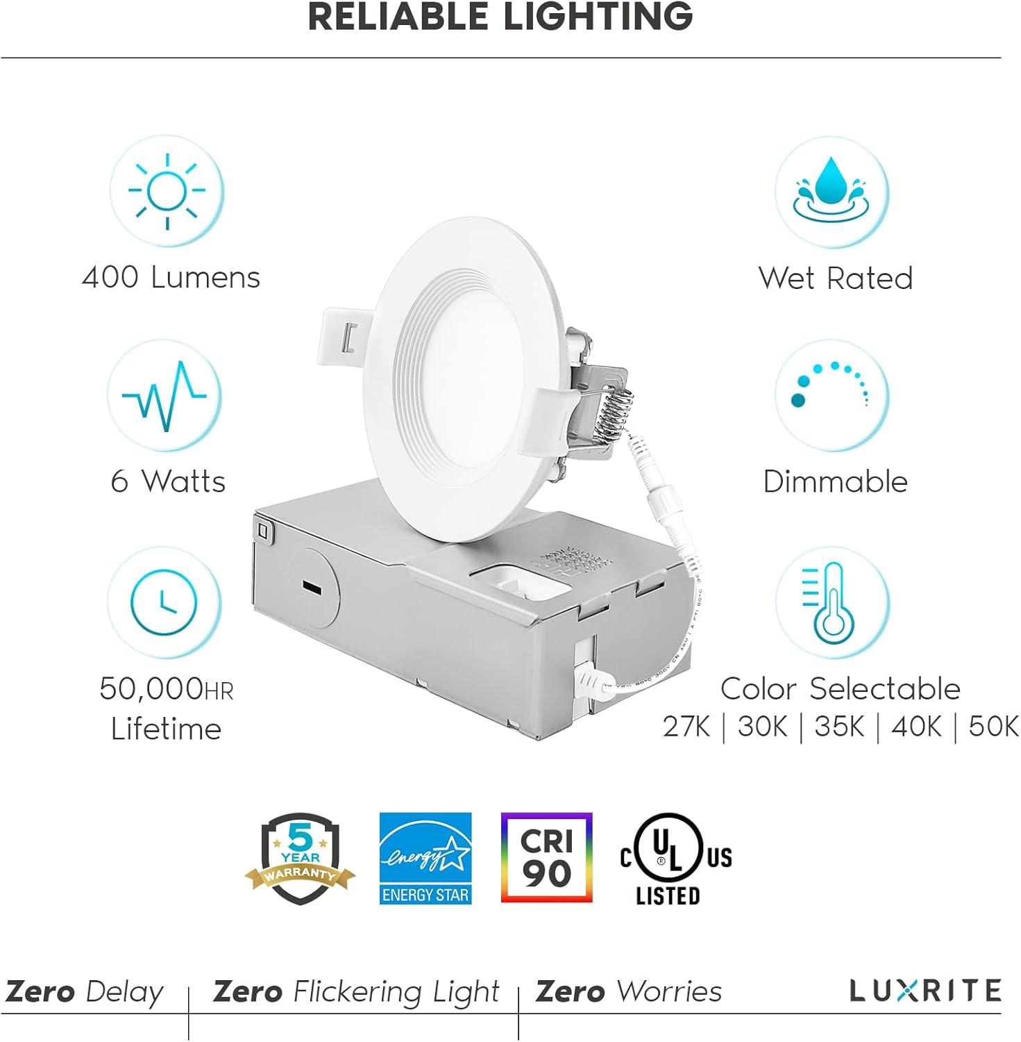 Luxrite 3 Inch Ultra Thin LED Recessed Light J-Box 6W 5 Color Options Dimmable 400 Lumens IC Rated Baffle