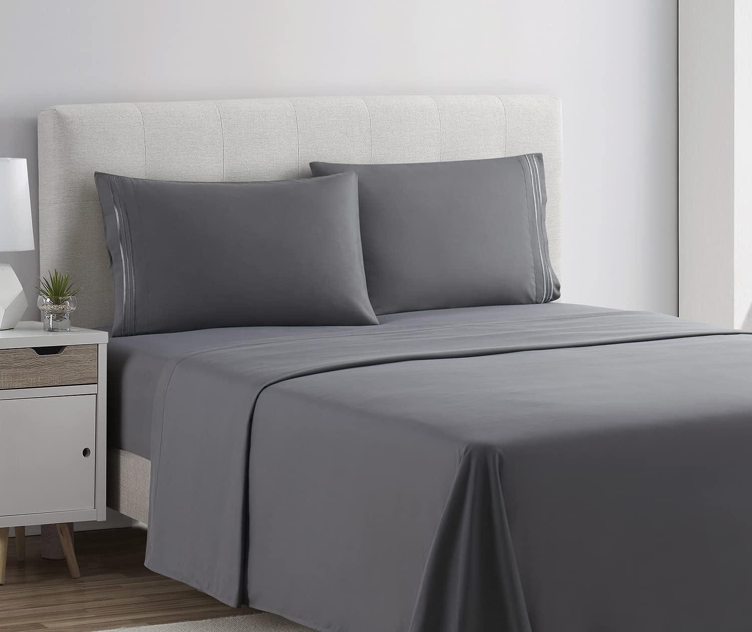 Clara Clark Premier 1800 Microfiber Collection 3-Line Bed Sheet Set, Full Size, Charcoal Stone Gray