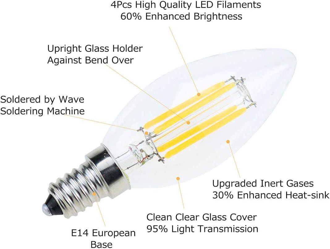 E14 LED Filament Candle Shape Light Bulb,E14 European Base Bulb,Warm White 2700K 600LM 60W Equivalent,C35 Clear Glass Torpedo Shape Bullet Top,No-Dimmable (2-Pack)