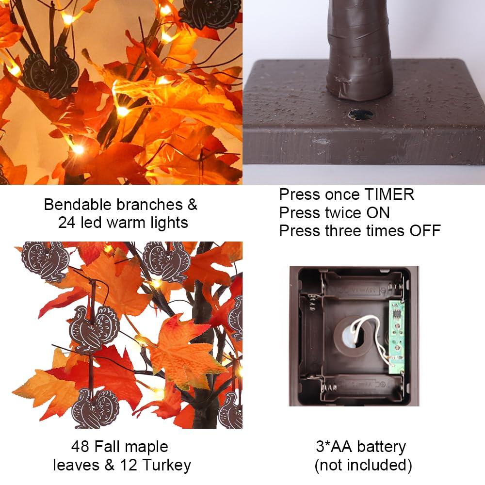 Fall Decorations For Home, 24”/2FT Lighted Fall Maple Leaves Tree With 24LT Warm White Leds For Autumn Decor, 12 Wood Acorns Ornaments Battery Powered Timer For Home Decor, Thanksgiving
