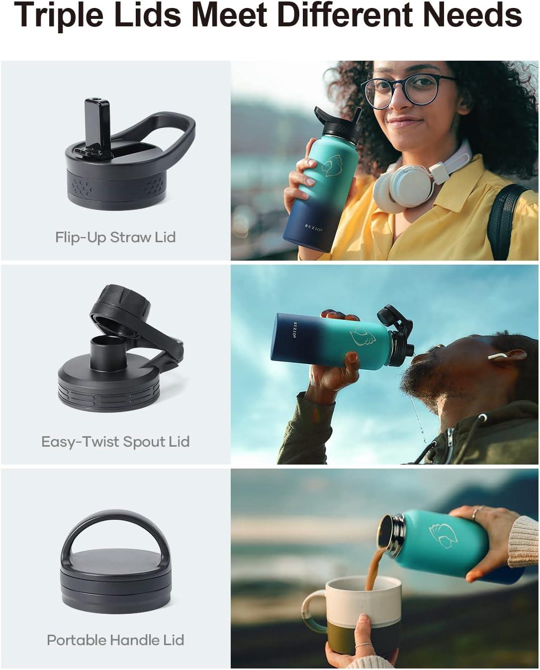 Buzio 32 oz Insulated with Straw & Brush Vaccum Stainless Steel Metal 3 Lids Water Flask for Sports, Gym or Office Keep Cold 48H Hot 24H，Pacific Prince