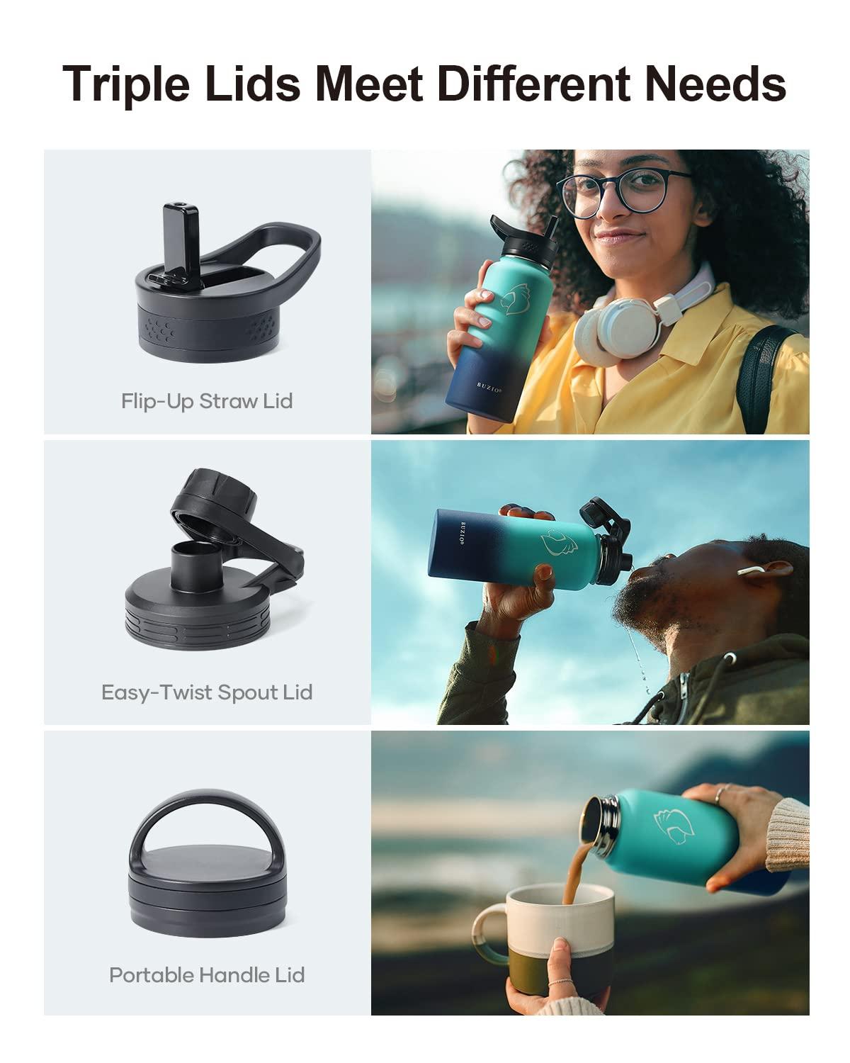 Buzio 32 oz Insulated with Straw & Brush Vaccum Stainless Steel Metal 3 Lids Water Flask for Sports, Gym or Office Keep Cold 48H Hot 24H，Pacific Prince