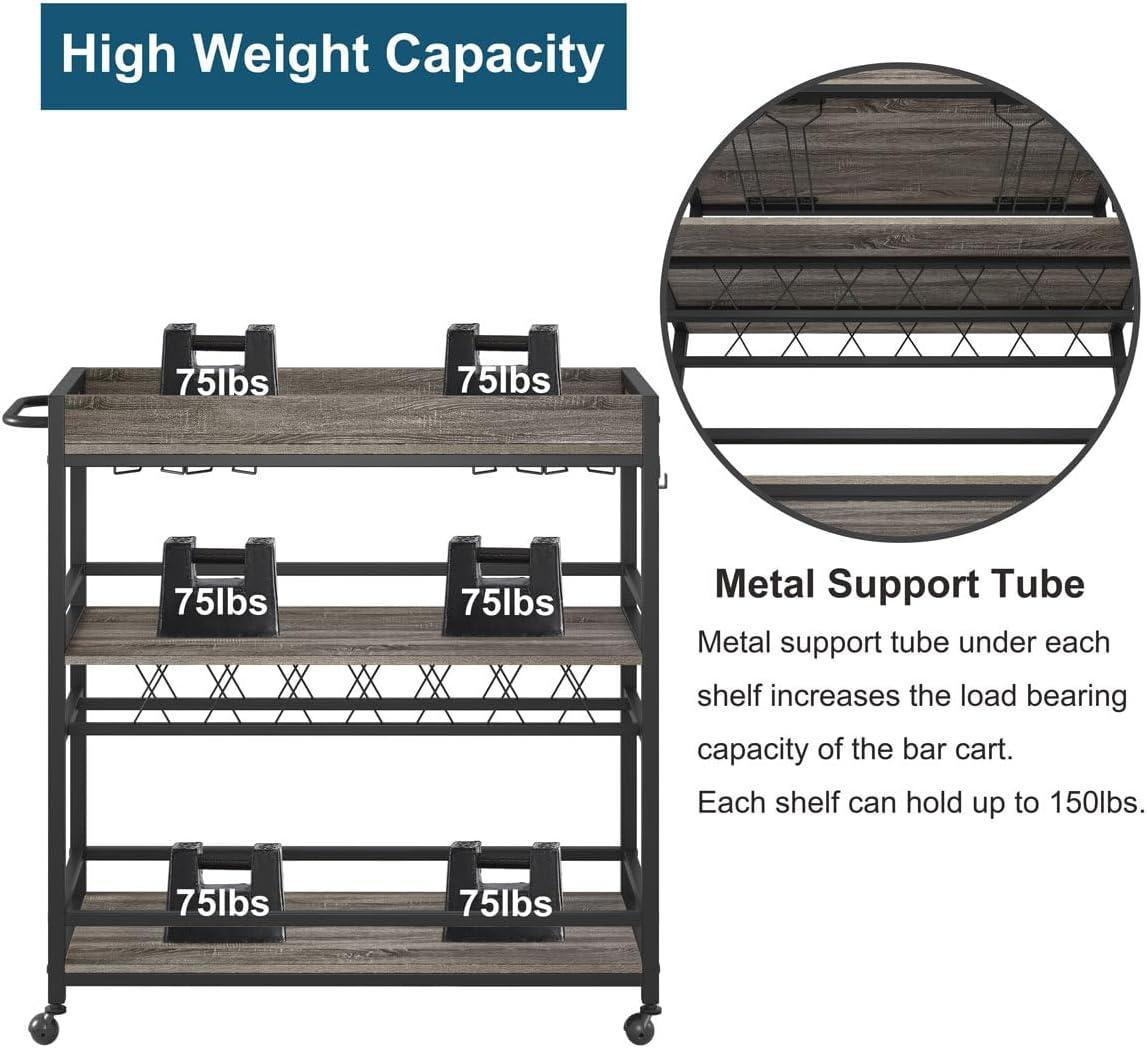 Gray Oak 3-Tier Bar Cart with Wine Rack and Glass Holder