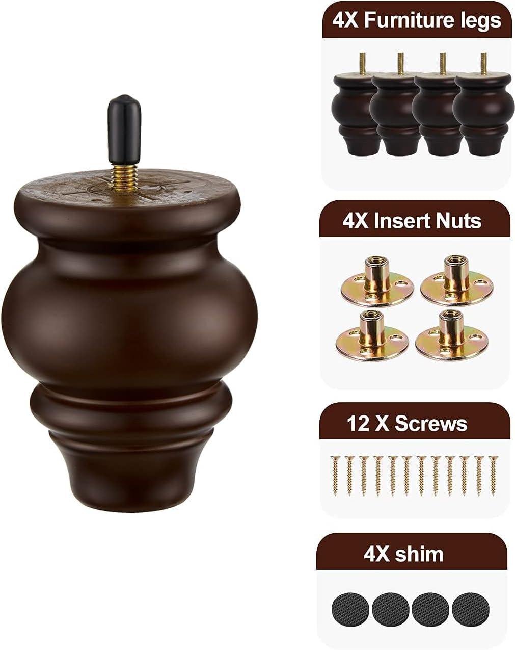 Wood Furniture Legs 8 inch Sofa Legs Pack of 4,Round Couch Legs Espresso Mid Century Chair feet Replacement,Sofa Replacement Parts