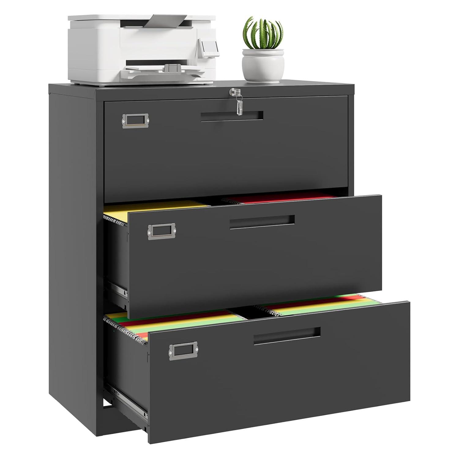 MIIIKO Lateral File Cabinet with Lock, 3 Drawer Lateral Filing Cabinet, Large Deep Drawers Locked by Keys, Metal Storage File Cabinet for Hanging Files Letter/Legal/F4/A4 Size