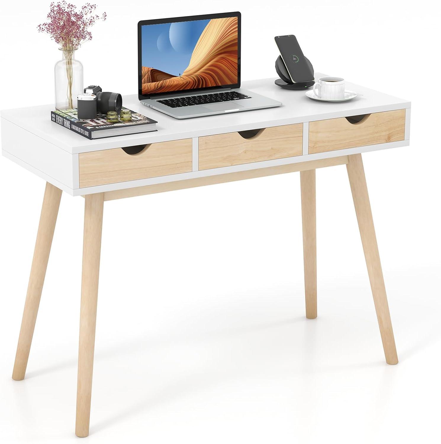 White and Natural Wood Desk with Three Drawers