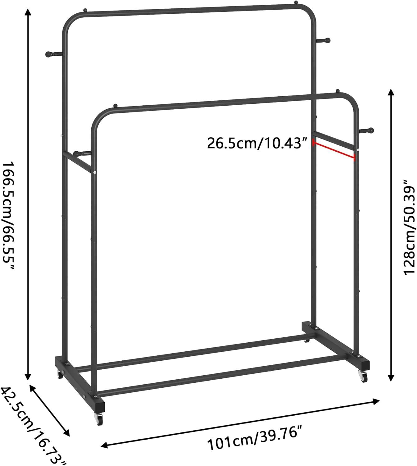 Black Double Rods Garment Rack with Wheels and Hooks