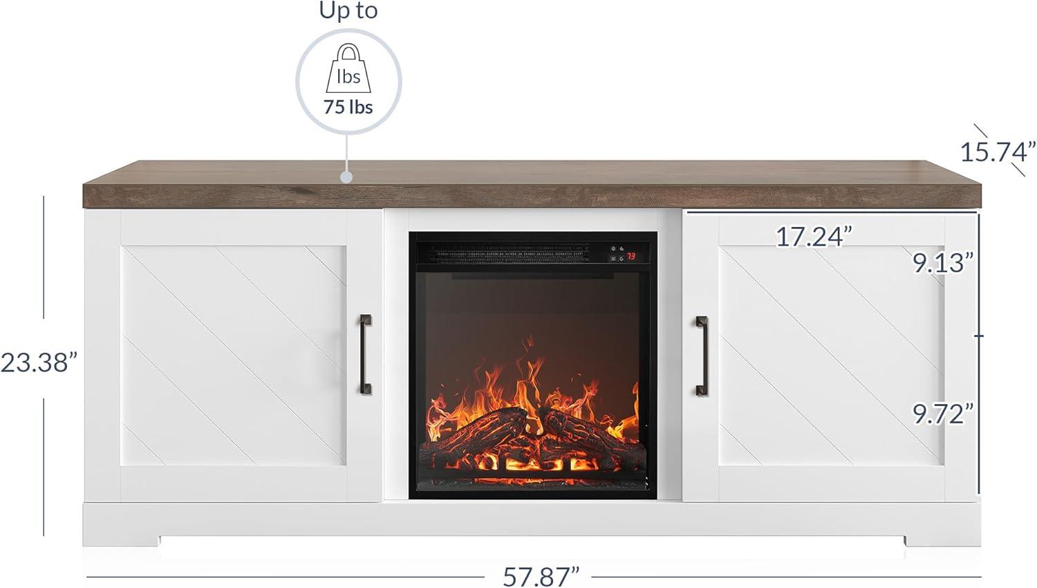 BELLEZE Modern 58 Inch Farmhouse TV Stand with 18 Inch Electric Fireplace & Media Entertainment Center Console Table for TV up to 65 Inch with Storage Cabinets and Infrared Heater - Hilo (White)