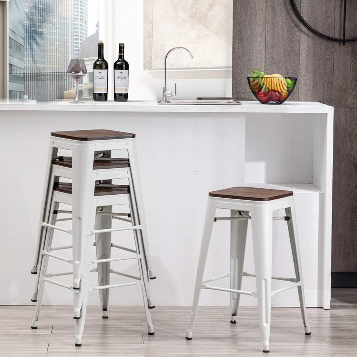 White Metal and Wood Backless Counter Stools, Set of 4