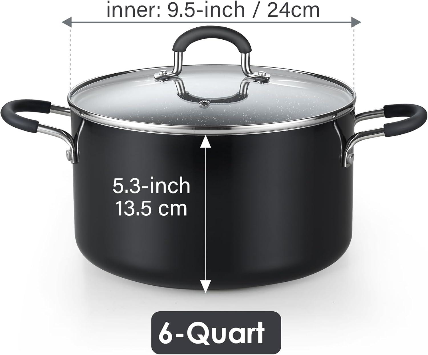 6-Quart Black Nonstick Aluminum Stockpot with Glass Lid