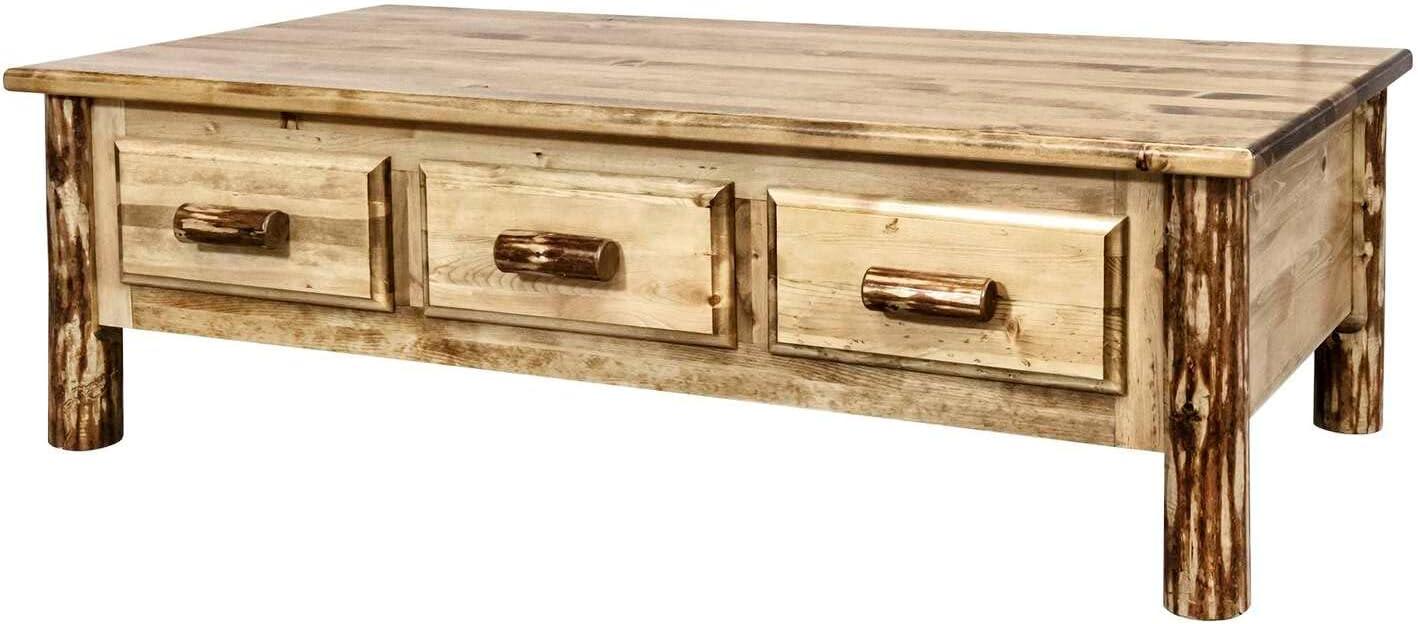 Rustic Pine Solid Wood Rectangular Coffee Table with Storage