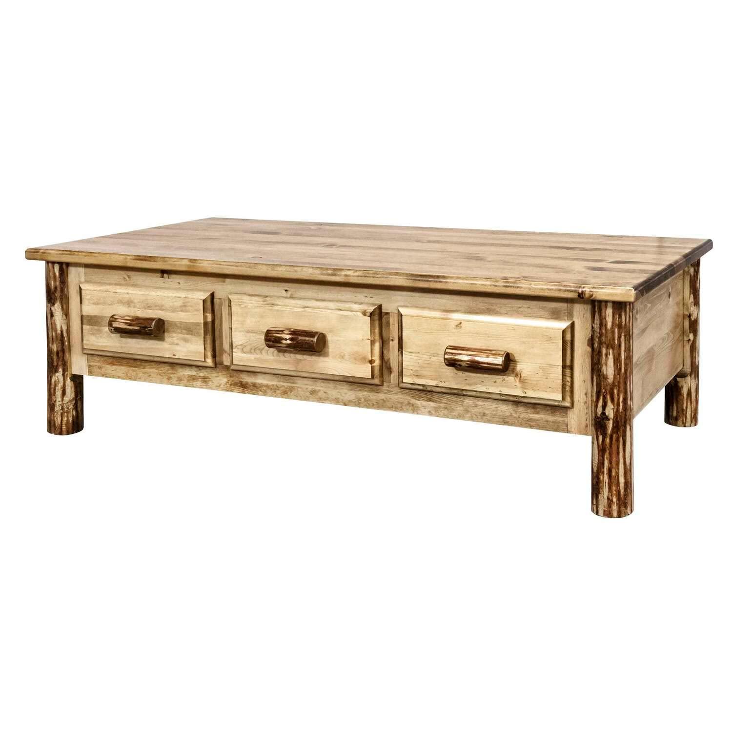 Rustic Pine Solid Wood Rectangular Coffee Table with Storage