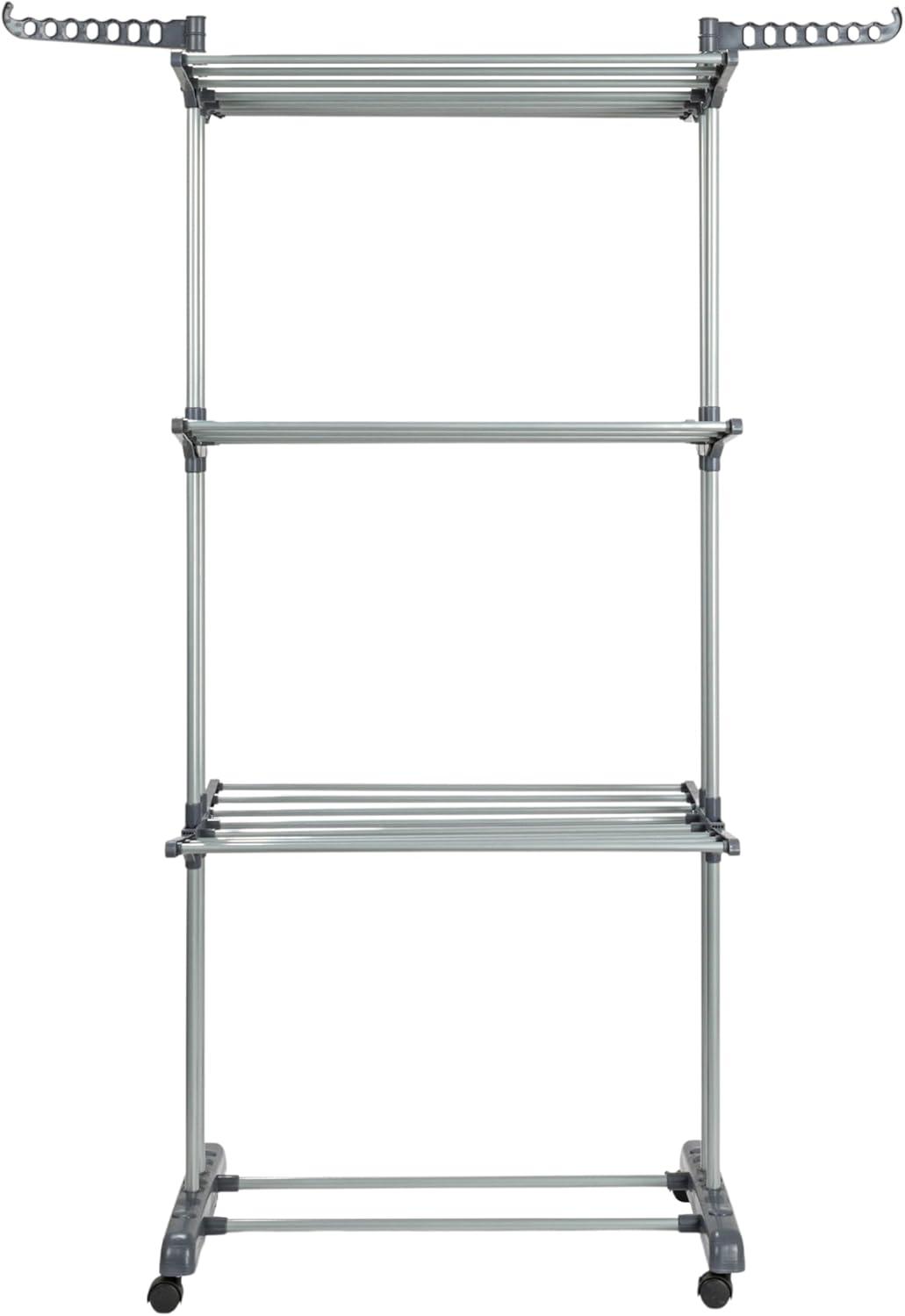 Household Essentials 4 Tier Stainless Steel Laundry Drying Rack with Two Side Wings, Grey