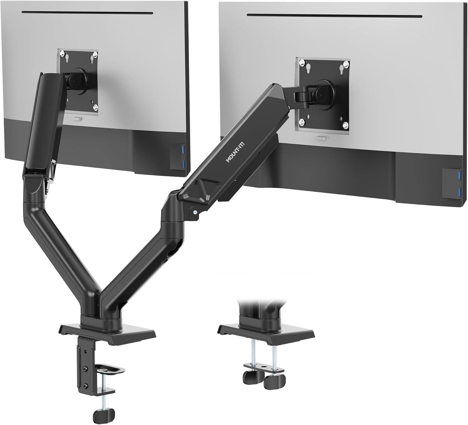 Mount-It! Full Motion Dual Monitor Mount with Spring Arms, 17 in. to 32 in. with Tilt, Rotation, Swivel, Height Adjustment, Clamp or Grommet, Black