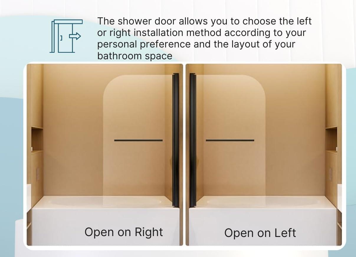 31"W x 55"H Frameless Folding Pivot Shower Tub Door Reversible Installation