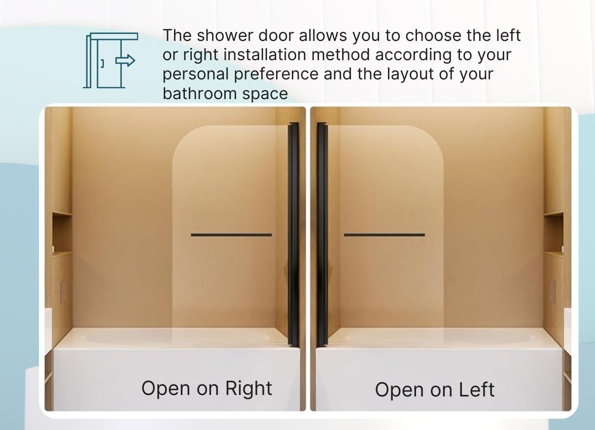 31"W x 55"H Frameless Folding Pivot Shower Tub Door Reversible Installation